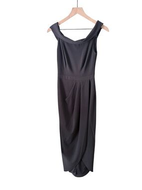 knee length dresses for ladies Black Draped Velvet Midi Dress with Back Scarf  shopaleena